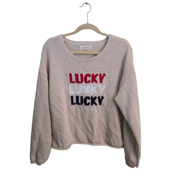 Lucky Brand 2025 Lucky Intarsia Tan Red White Blue Crewneck Sweater Size XL - Picture 1 of 6